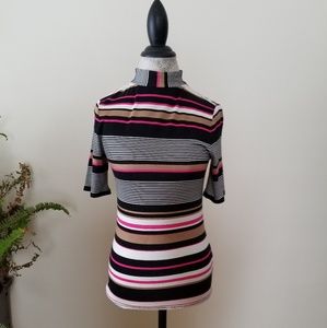 Stretchy fitted striped mock neck T shirt